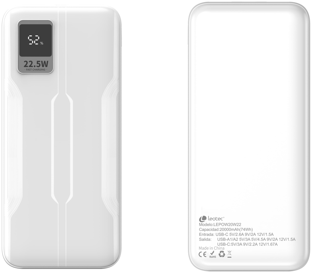 LEOTEC POWERBANK 20000MAH 22,5W PD20W BLAN (1 USB-C+2USB-A INC USB-A A USB-C) - detalle