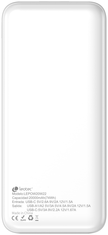 LEOTEC POWERBANK 20000MAH 22,5W PD20W BLAN (1 USB-C+2USB-A INC USB-A A USB-C)