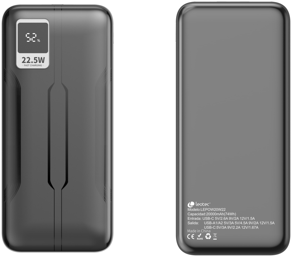 LEOTEC POWERBANK 20000MAH 22,5W PD20W NEG (1 USB-C+2USB-A INC USB-A A USB-C)