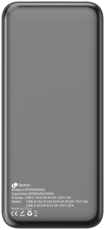 LEOTEC POWERBANK 20000MAH 22,5W PD20W NEG (1 USB-C+2USB-A INC USB-A A USB-C) - detalle