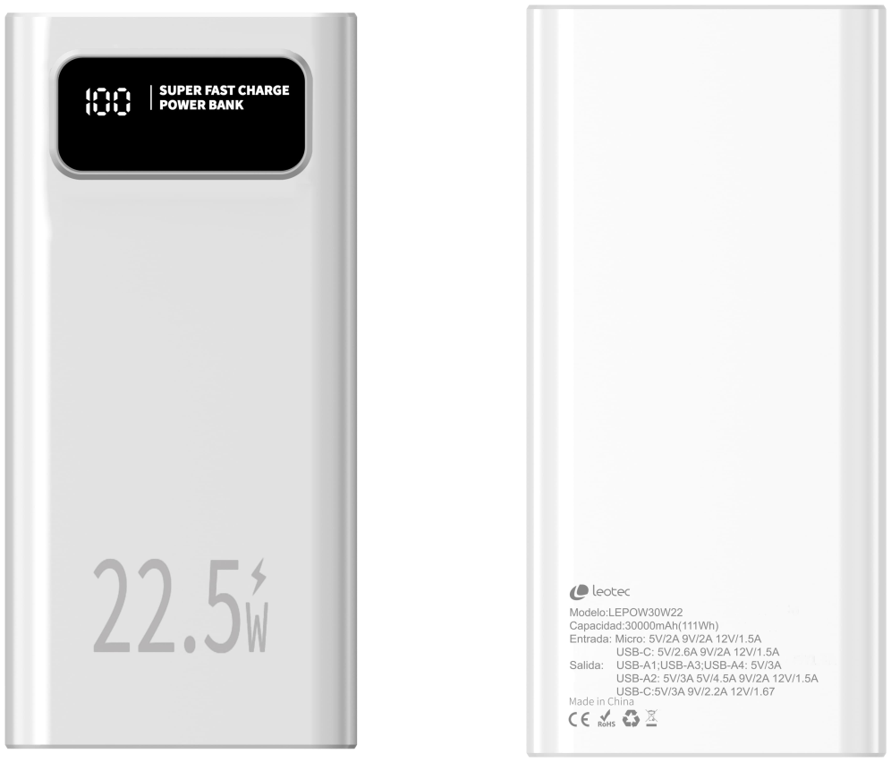 LEOTEC POWERBANK 30000MAH 22,5W PD20W BLAN (1 USB-C+4USB-A INC USB-A A USB-C) - detalle