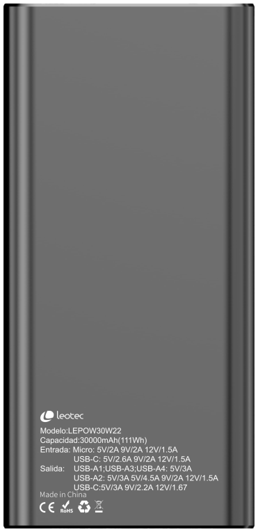 LEOTEC POWERBANK 30000MAH 22,5W PD20W NEG (1 USB-C+4USB-A INC USB-A A USB-C) - detalle