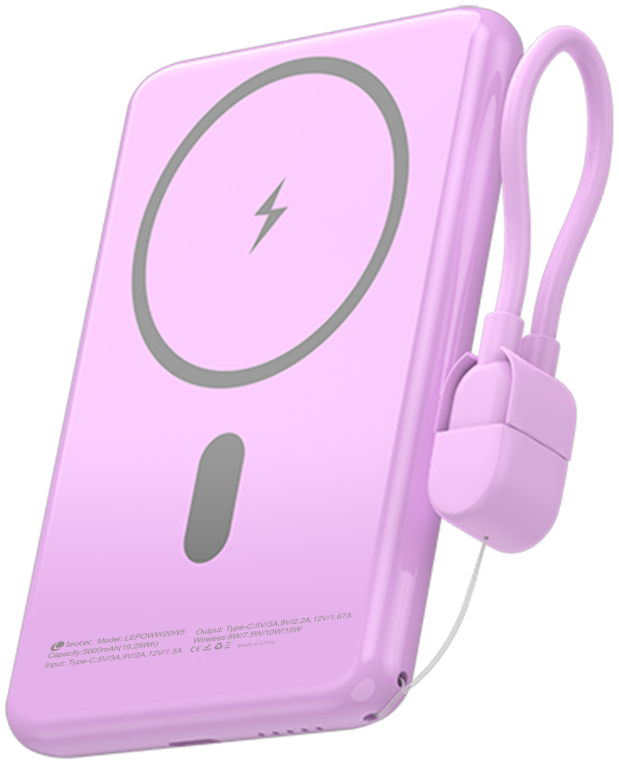 LEOTEC POWERBANK 5000MAH 20W FAST CHRG PURPURA 1USB-C+WIRELESS INC LAN CAB USB-C A USB-C 65W - detalle