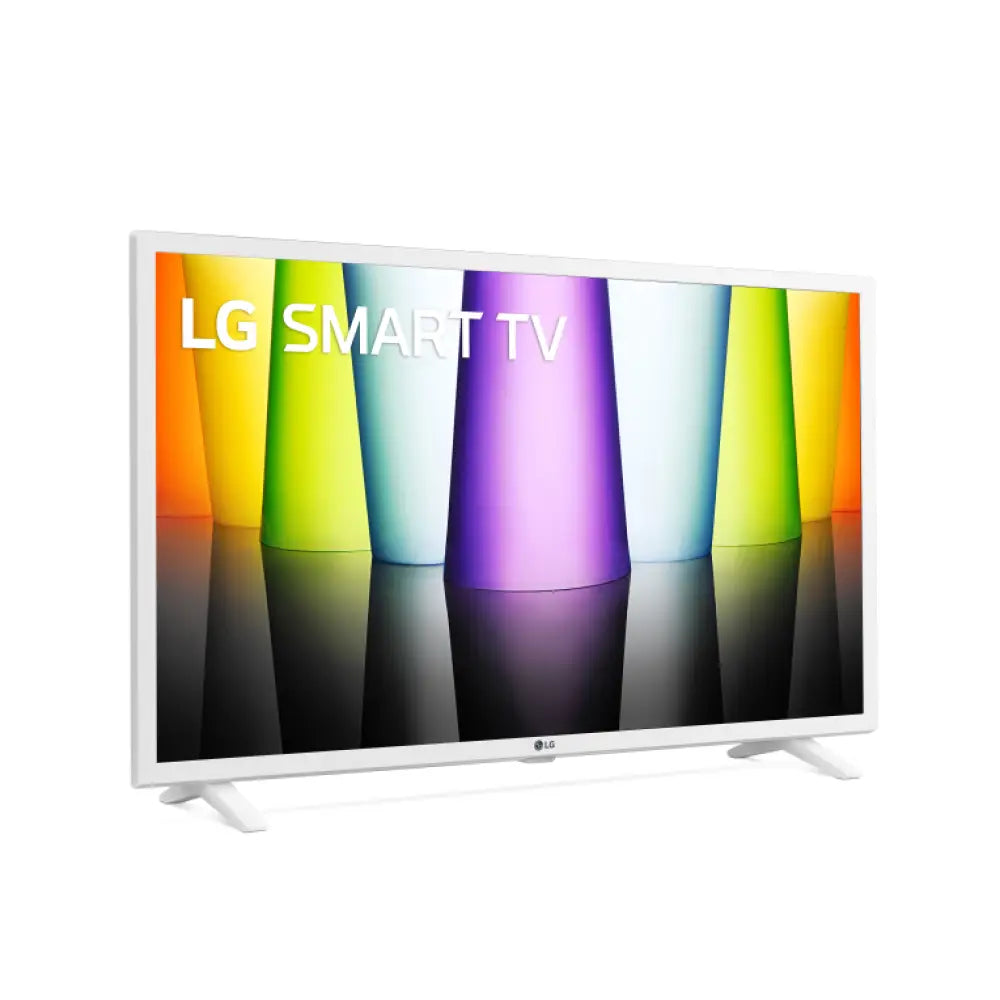 Televisor LED LG FHD 32 pulgadas Smart TV blanco con pantalla Full HD y conexión Wi-Fi, en ángulo lateral.