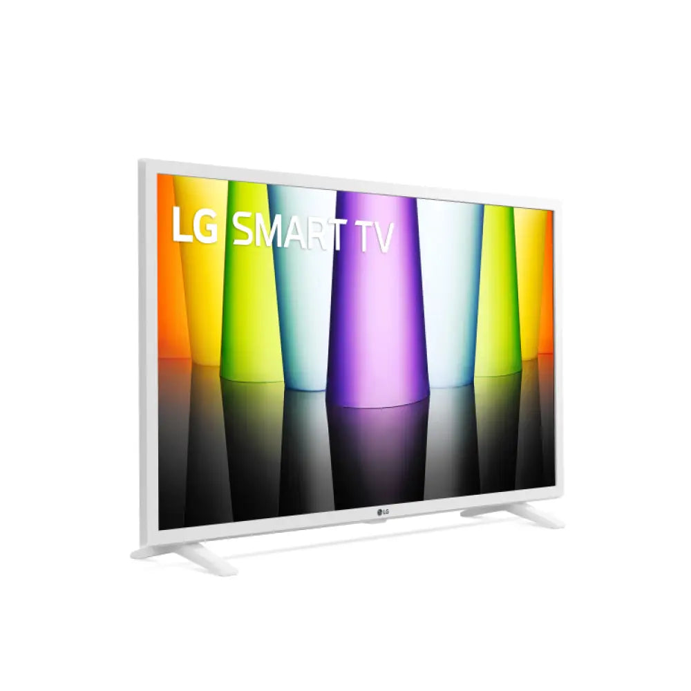 Televisor LED LG FHD 32 pulgadas, Smart TV con wifi y marco blanco, pantalla brillante y control remoto incluido.