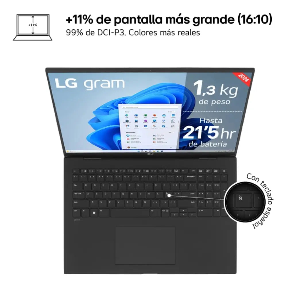 LG Gram 17Z90S Intel Core Ultra 7 155H Portátil 43.2 cm (17") WQXGA 16 GB LPDDR5-SDRAM 512 GB SSD Wi-Fi 6E (802.11ax) Windows 11 Home Español Negro - detalle