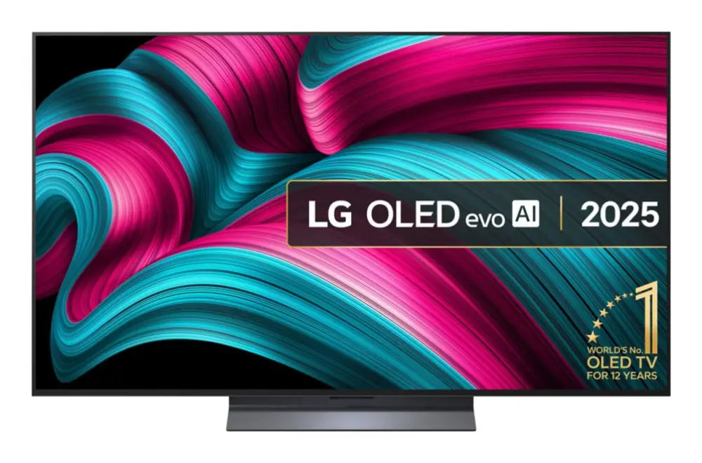 Televisor LED LG OLED evo AI OLED55C54LA de 55 pulgadas 4K Ultra HD en color negro, con pantalla brillante y diseño moderno.