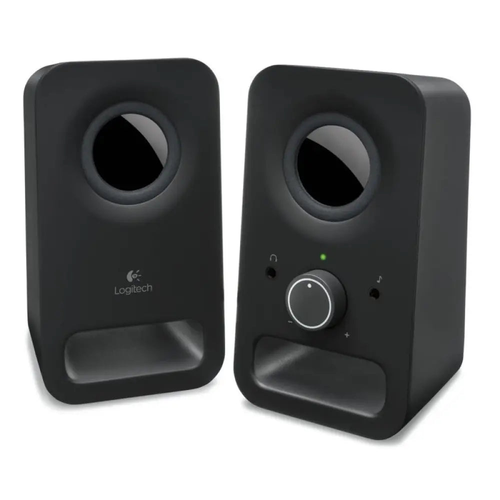 Altavoces Logitech 2.0 Z150 en color negro, altavoz compacto con diseño simple y controles en la parte superior.