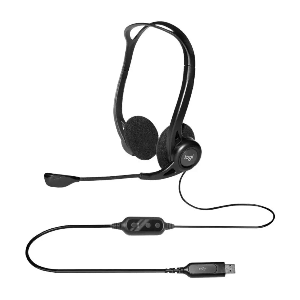 Auriculares USB Logitech PC960M con micrófono de suspensión y cancelación de ruido, ideales para comunicación y gaming.