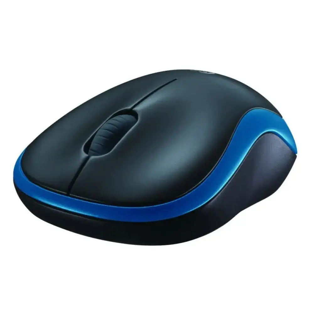 Ratón inalámbrico Logitech M185 azul, vista lateral con botones y rueda de desplazamiento, diseño compacto y ergonómico.