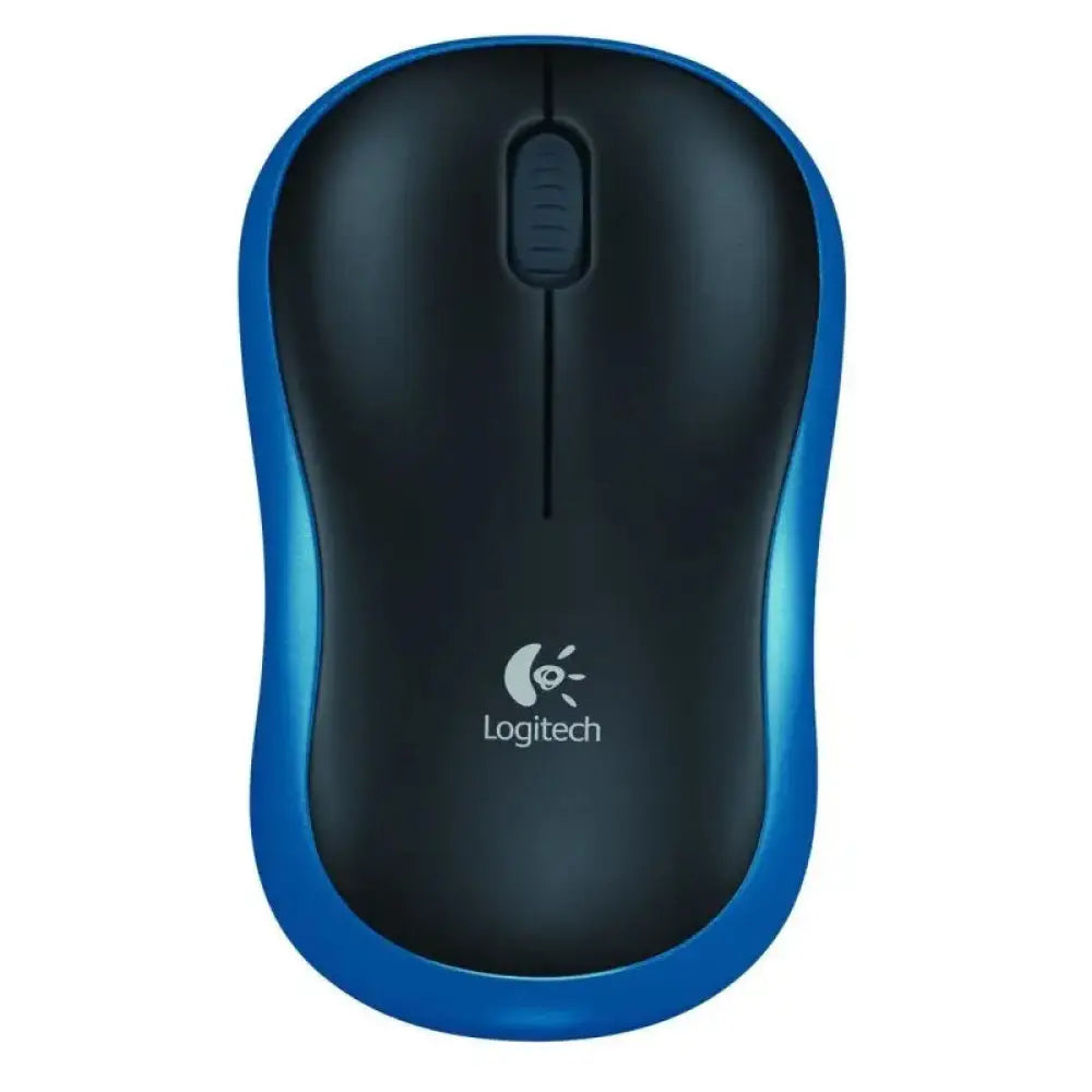 Ratón inalámbrico Logitech M185 en color azul, con diseño compacto y botones laterales visibles sobre superficie clara.