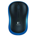 Ratón inalámbrico Logitech M185 en color azul, con diseño compacto y botones laterales visibles sobre superficie clara.