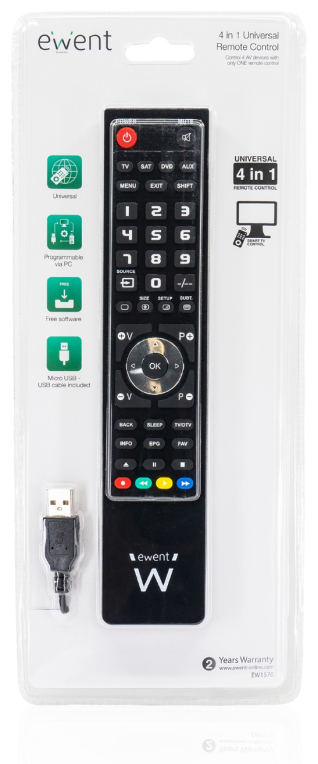MANDO DISTANCIA EWENT UNIVERSAL 4-1 PROGRAMABLE -PC CON CABLE MICRO USB - detalle