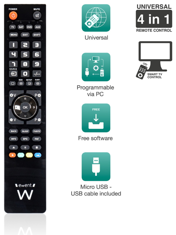 MANDO DISTANCIA EWENT UNIVERSAL 4-1 PROGRAMABLE -PC CON CABLE MICRO USB - detalle