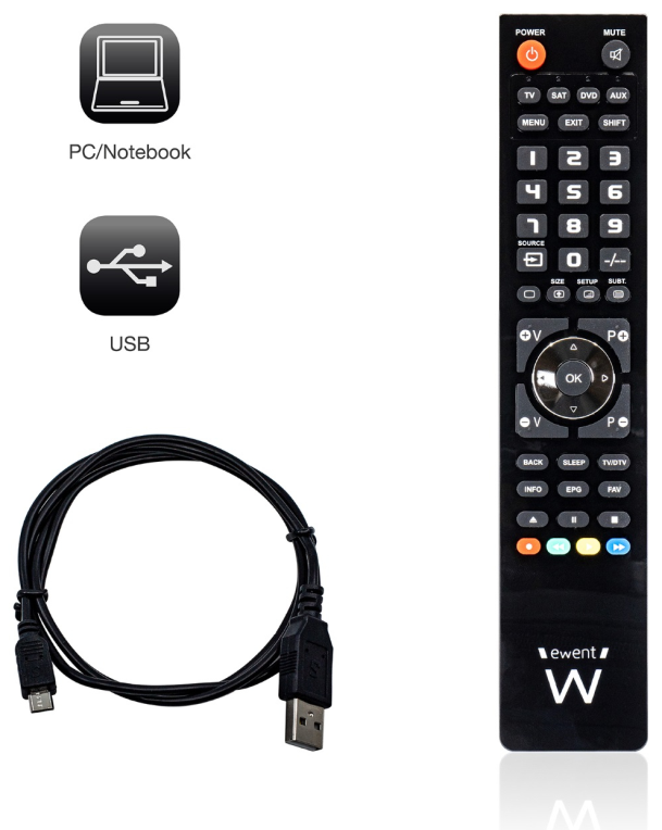 MANDO DISTANCIA EWENT UNIVERSAL 4-1 PROGRAMABLE -PC CON CABLE MICRO USB - detalle