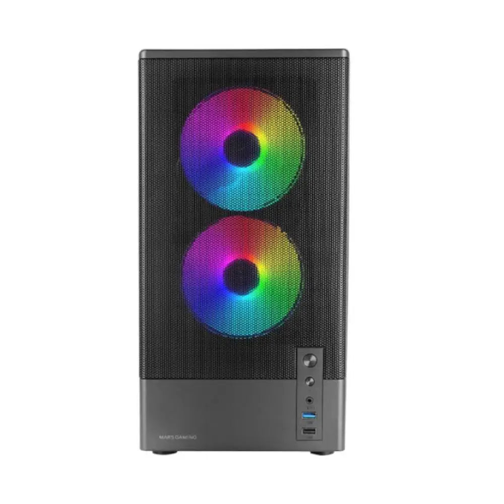 Minitorre ATX Mars Gaming MC-ONYX ARGB negra con diseño moderno y iluminación ARGB en la parte superior y lateral.