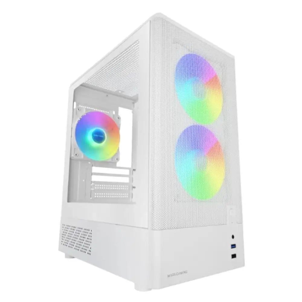 Caja micro-ATX Mars Gaming MC-ONYXW blanca, minitorre de diseño compacto y moderno, con ventilación y espacio para componentes.