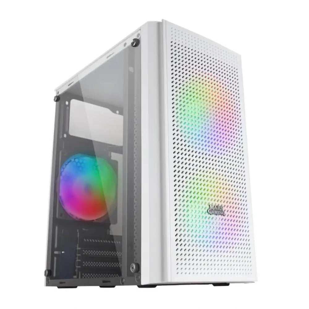 Caja Micro-ATX Mars Gaming MC300W blanca, torre compacta y moderna para componentes de PC en color blanco.