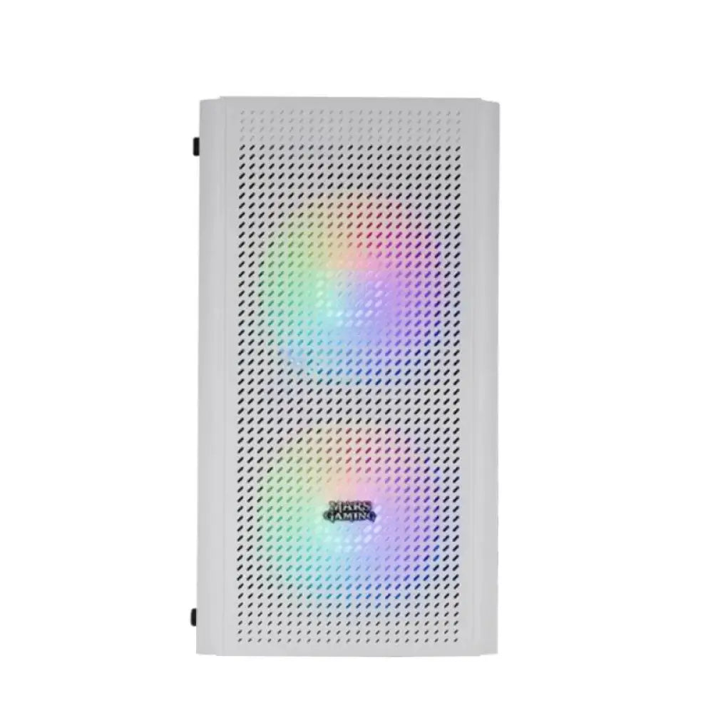 Caja micro-ATX Mars Gaming MC300W blanca con ventiladores y diseño compacto, ideal para montar PC en espacio reducido.