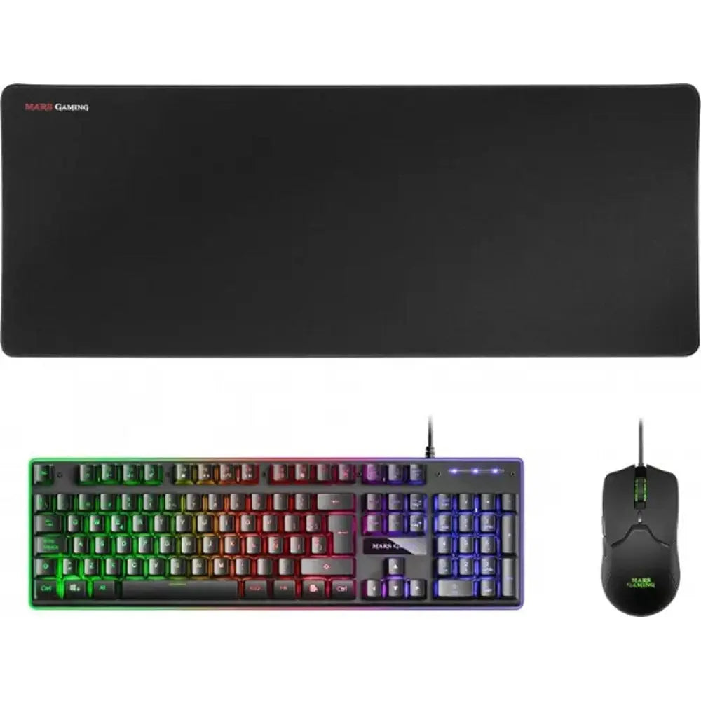 Teclado y ratón gaming Mars Gaming Combo MCPX 3 en 1 RGB negro, con iluminación y diseño ergonómico.