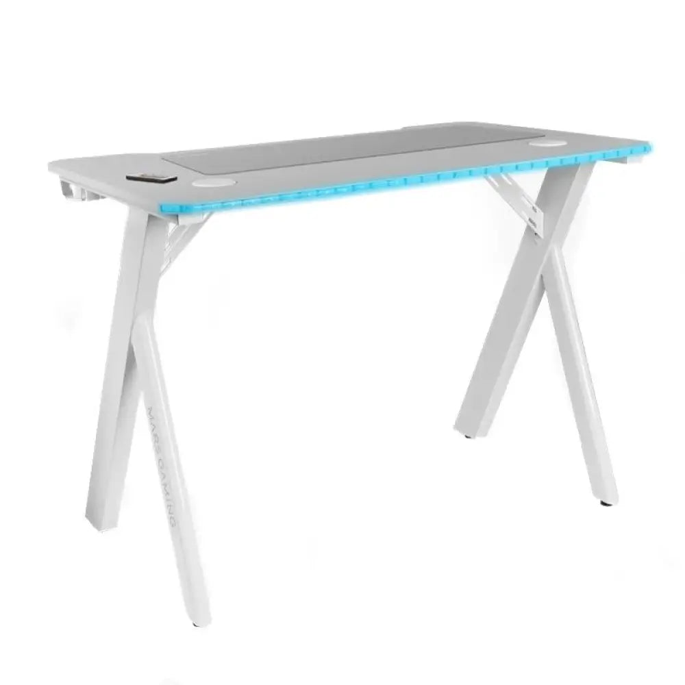 Mesa gaming Mars Gaming con iluminación RGB blanca y superficie de 100 cm para videojuegos y escritorio.