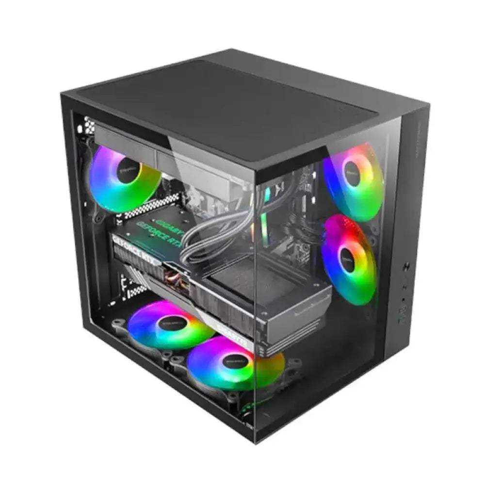 Gabinete semitorre y miditorre MARS GAMING MCV-ONE ATX con doble cámara en color negro, con ventiladores y diseño moderno.