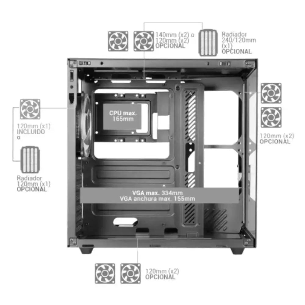 Gabinete semitorre y miditorre MARS GAMING MCV-ONE ATX con doble cámara en color negro, con diseño moderno y ventilación eficiente.