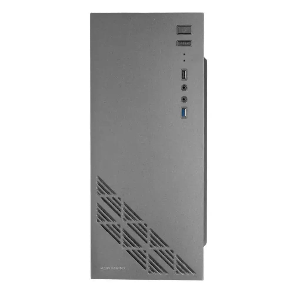 Caja semitorre MARS GAMING MC100 FRGB en color negro con puertos USB 3.0 y ventiladores RGB visibles.