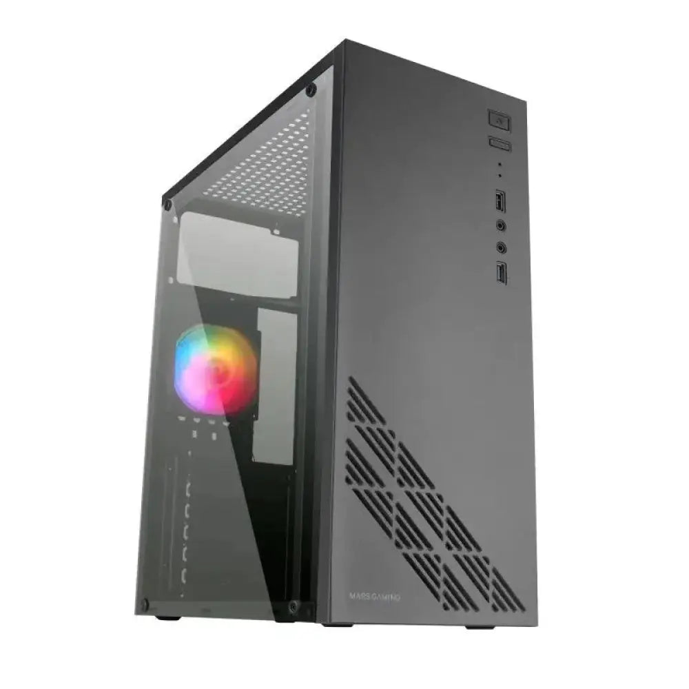 Torre de PC semitorre MARS GAMING MC100 FRGB en color negro, con ventiladores LED y puerto USB 3.0, vista frontal.