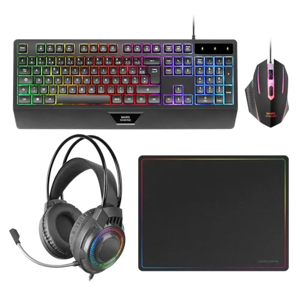 Teclado y ratón gaming MARS GAMING con alfombrilla y auriculares, diseño ergonómico y retroiluminado para juegos.