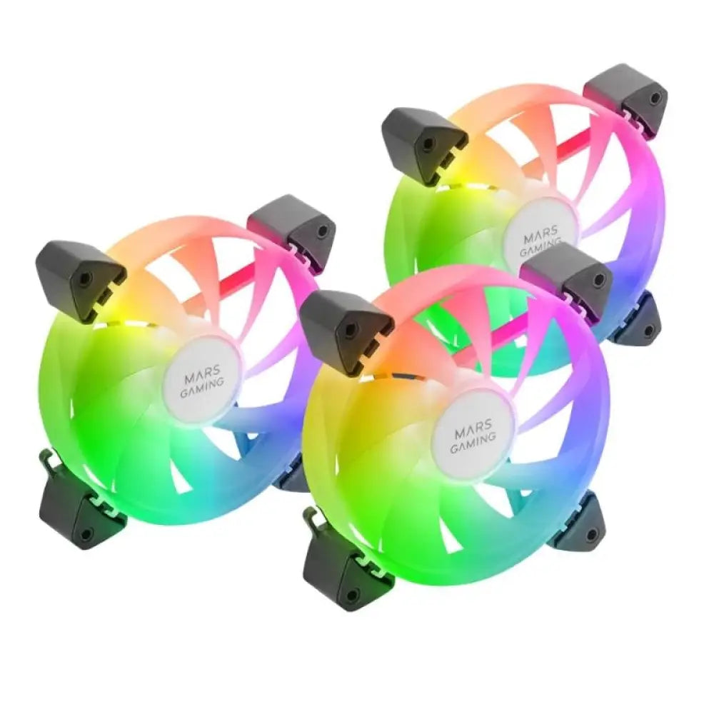 Ventilador de refrigeración MARS GAMING MF3A 120mm 3 en 1 ARGB negro, con iluminación RGB y diseño compacto.