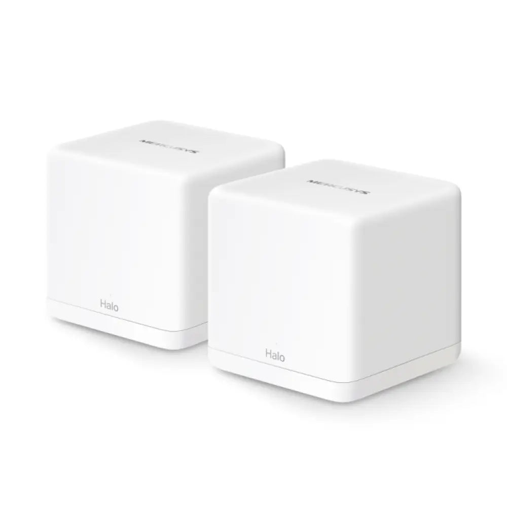 Sistema de malla Wi-Fi 6 Mercusys HALO H60X, doble banda 2.4 GHz y 5 GHz, con dos dispositivos blancos para toda la casa