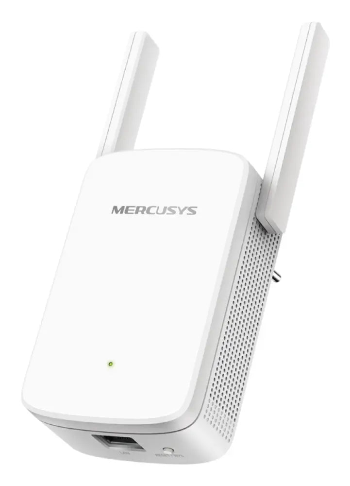 Amplificador de red Mercusys ME30 en color blanco con 2 antenas, extensor de Wi-Fi para mejorar la señal en el hogar.