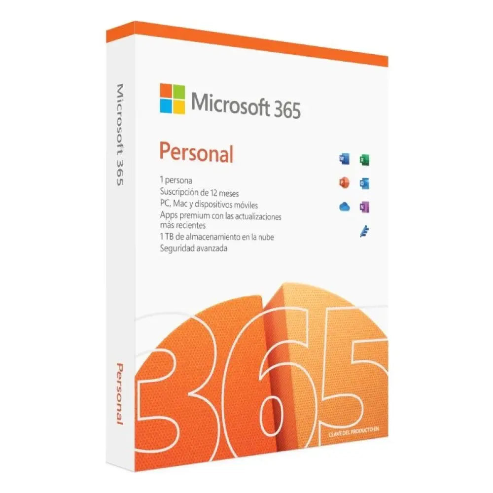 Software de ofimática Microsoft 365 Personal suscripción anual, vista de la caja del producto con logotipo y detalles.