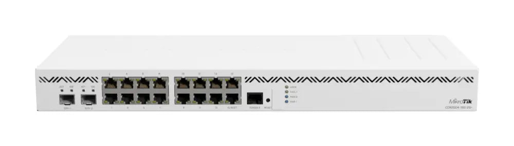 Router Mikrotik CCR2004-16G-2S+ con puertos Gigabit Ethernet en color blanco, diseño compacto y profesional.