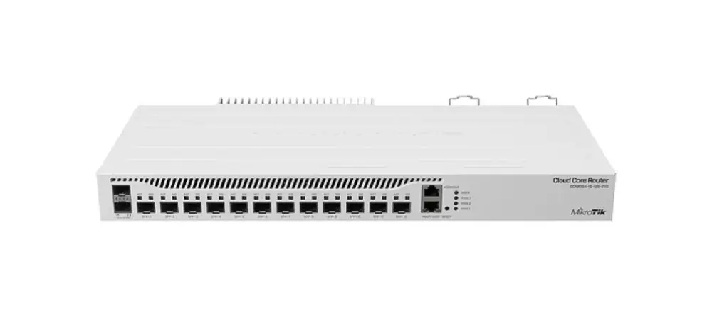 Router Mikrotik CCR2004-1G-12S+2XS con puertos Gigabit Ethernet en color blanco, diseño compacto y moderno.
