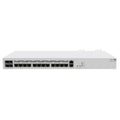 Router con cable Mikrotik CCR2116-12G-4S+ con 12 puertos GbE y 4 puertos SFP+ 10 Gb, diseño compacto y moderno.
