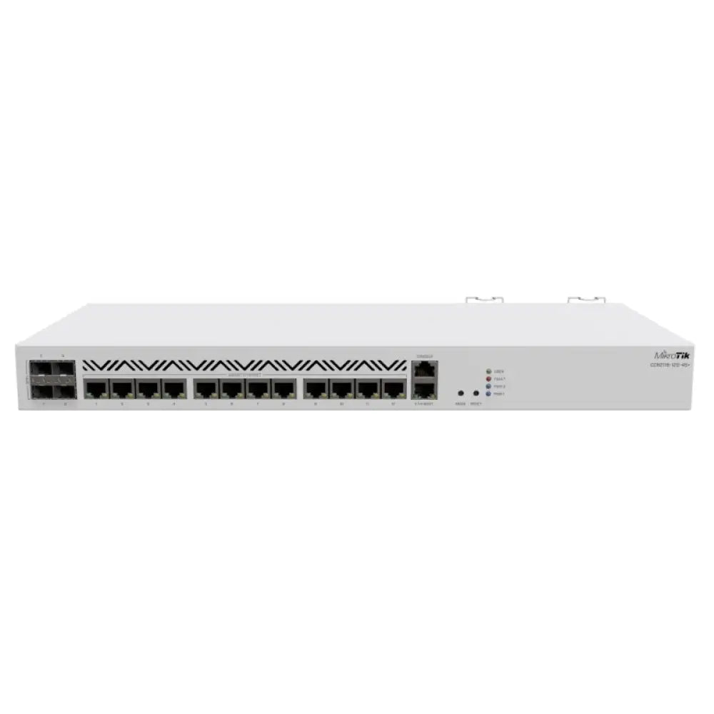 Router con cable Mikrotik CCR2116-12G-4S+ con 12 puertos GbE y 4 puertos SFP+ 10 Gb, diseño compacto y moderno.