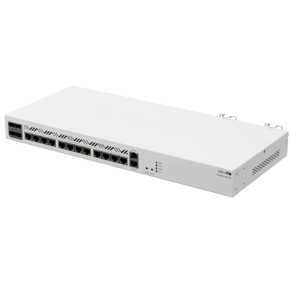 Router Mikrotik CCR2116-12G-4S+ con 12 puertos GbE, 4 puertos SFP+ y velocidad 10Gb, en un entorno de red cableada