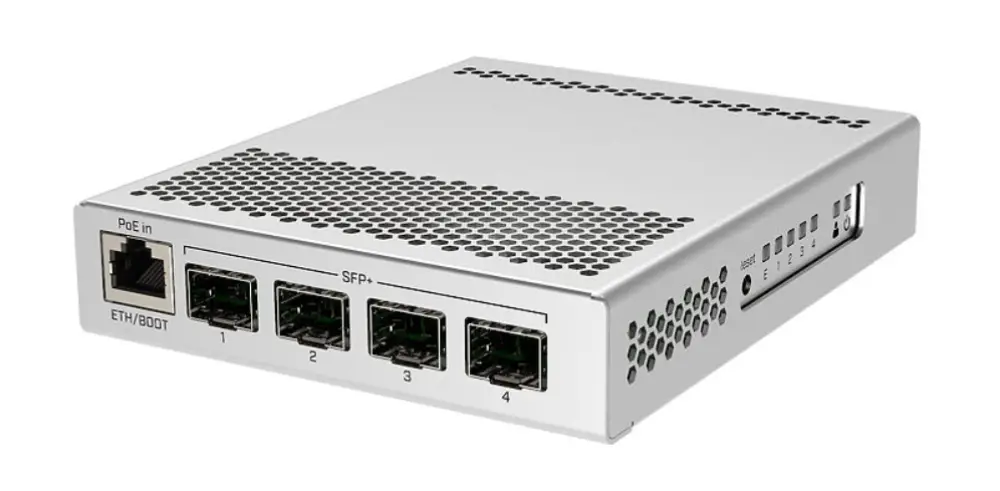 Switch gestionado Mikrotik CRS305-1G-4S+IN con puertos Gigabit Ethernet y soporte PoE, en color blanco.