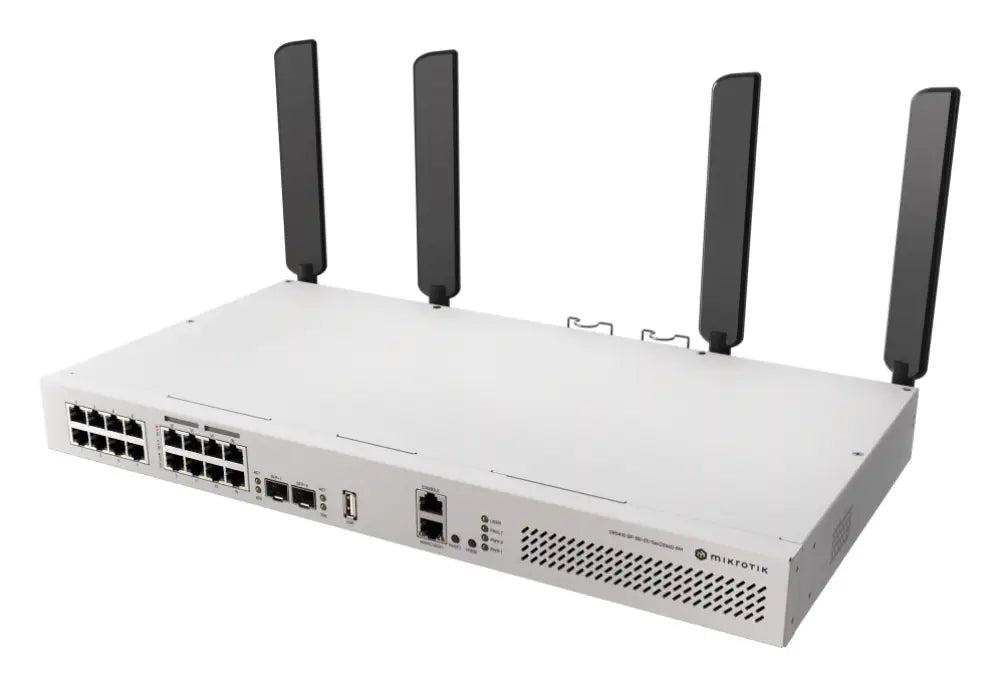 Interruptor Mikrotik CRS418-8P-8G-2S-5axQ-RM con puertos Gigabit Ethernet y soporte PoE, en formato 1U.