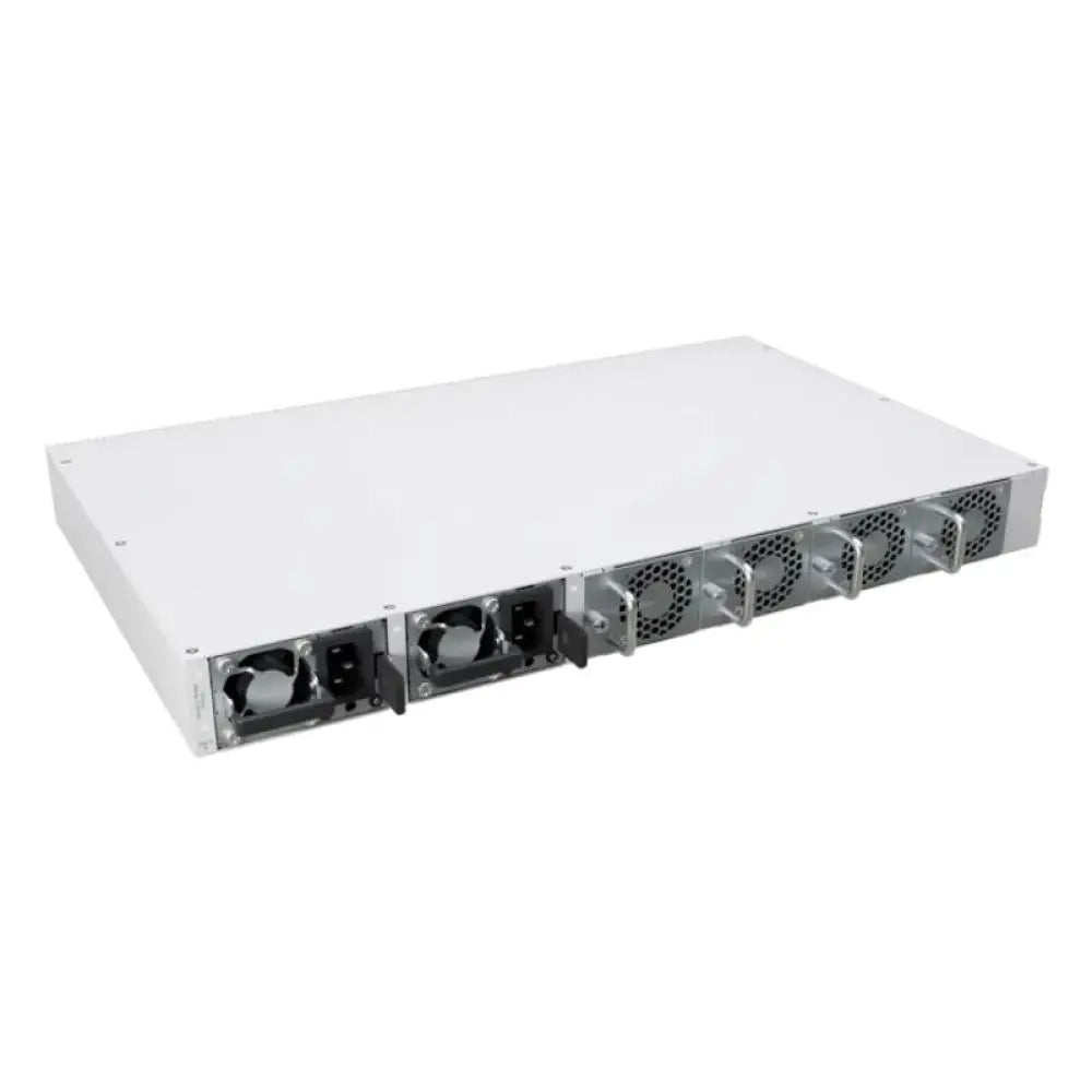 Interruptor de armario MikroTik CRS812 DDQ con puertos 2x400G, 2x200G y 8x50G, vista de frente con puertos y conexiones.