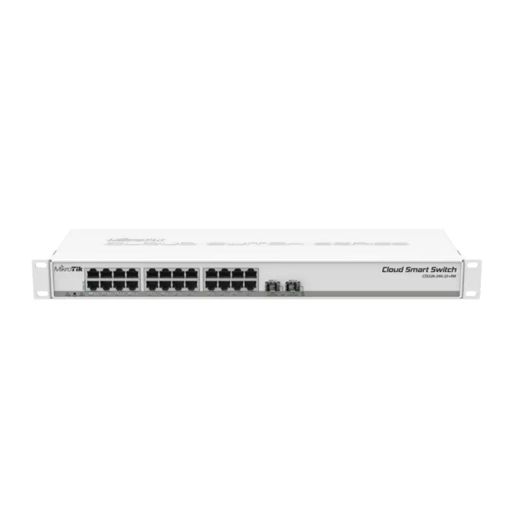 Interruptor MikroTik CSS326-24G-2S+RM con 24 puertos Gigabit y 2 puertos SFP+ para armario de red.