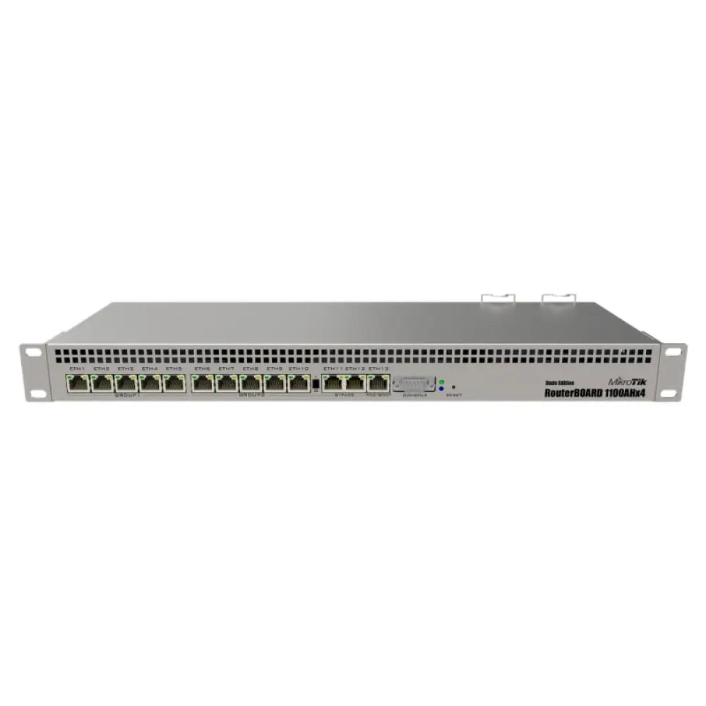 Router cable MikroTik RB1100AHx4 Dude con 13 puertos Gigabit, diseñado para redes de alta velocidad y rendimiento confiable.