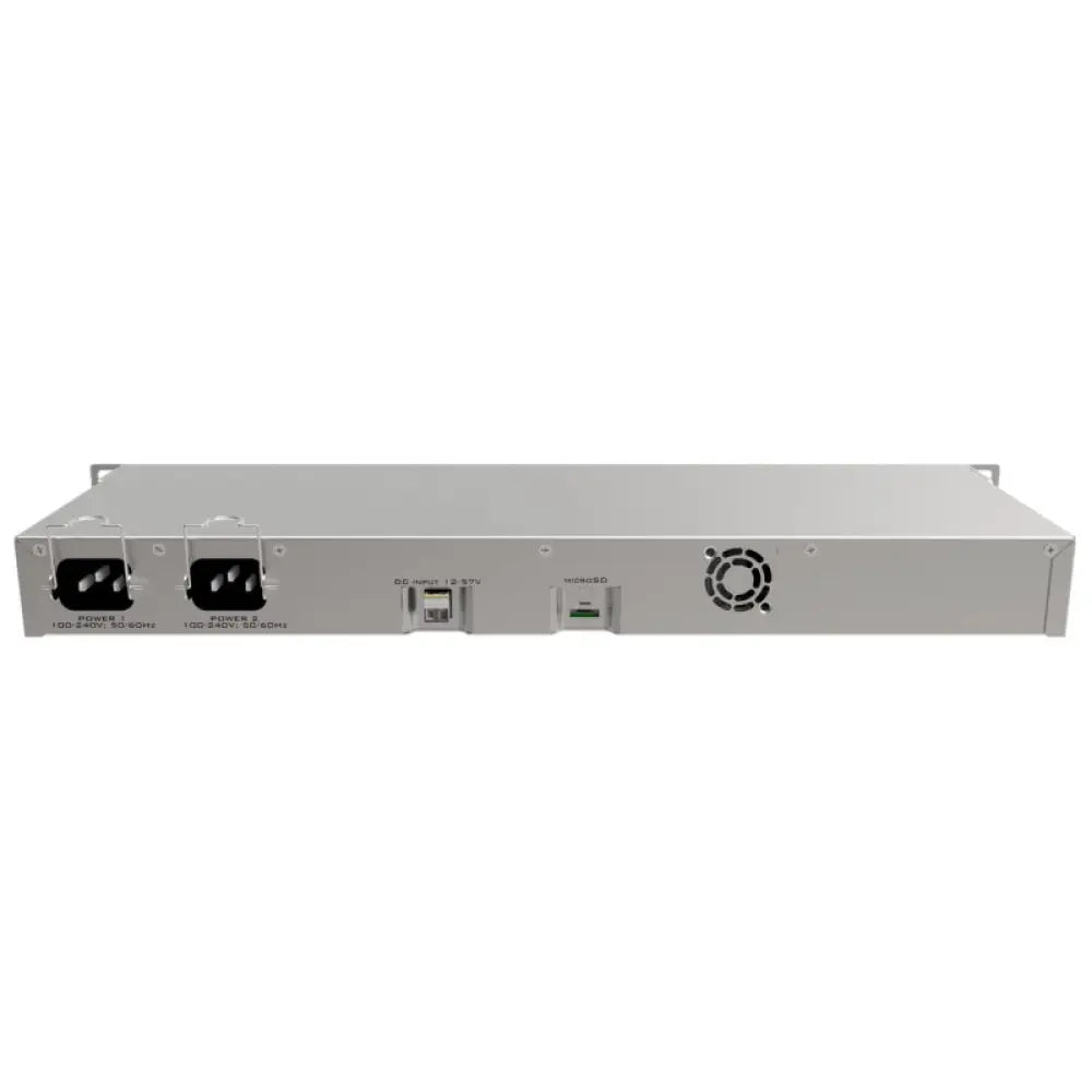 Router con cable MikroTik RB1100AHx4 Dude, 13 puertos Gigabit Ethernet, diseño compacto y robusto.