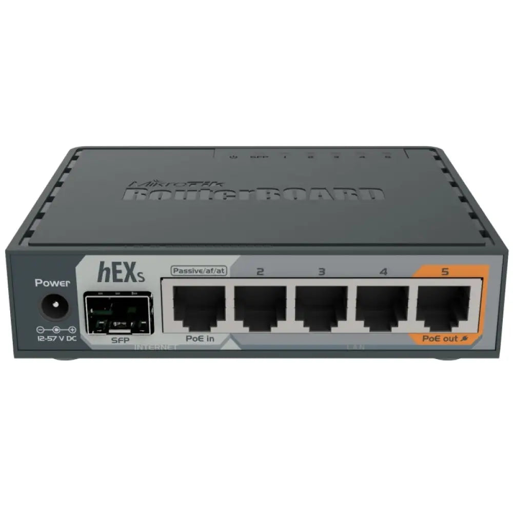 Router con cable MikroTik RB760iGS hEX S con 5 puertos Gigabit y 1 puerto SFP, diseño compacto y resistente.