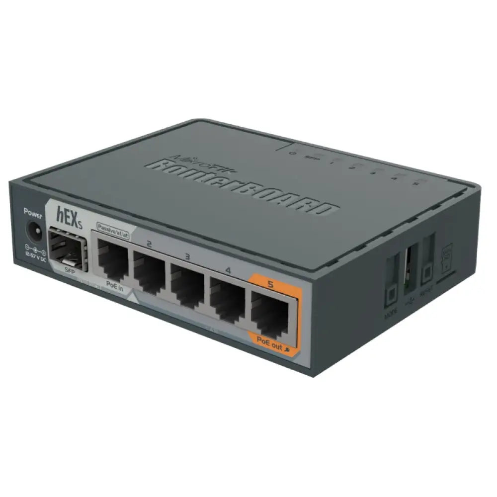 Router con cable MikroTik RB760iGS hEX S con 5 puertos Gigabit y puerto SFP para conexiones de red rápidas y confiables.