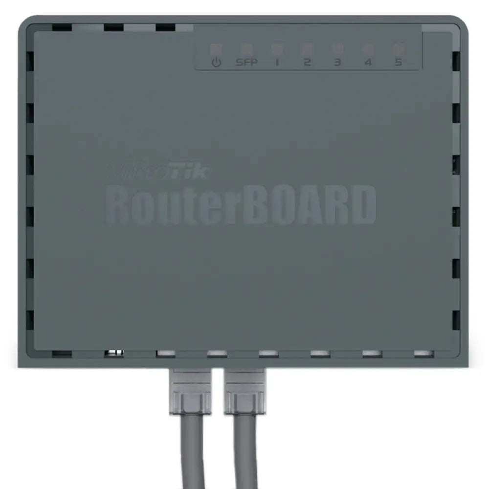 Router con cable MikroTik RB760iGS hEX S con 5 puertos Gigabit y puerto SFP, diseño compacto y funcional.