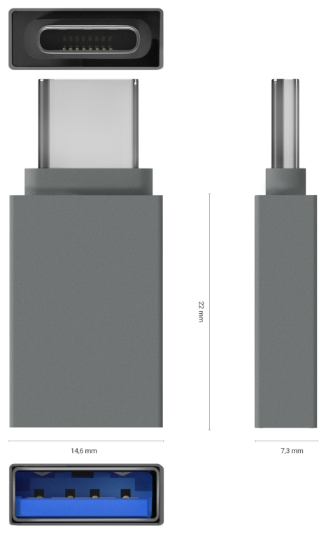 MINI ADAPTADOR AISENS ALUMINIO USB 3.2 GEN1 3A USB-C/M-A/H GRIS - detalle