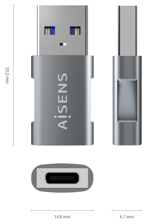 MINI ADAPTADOR AISENS USB 3.2 GEN2 10G 3A USB-C/H-A/M GRIS - detalle